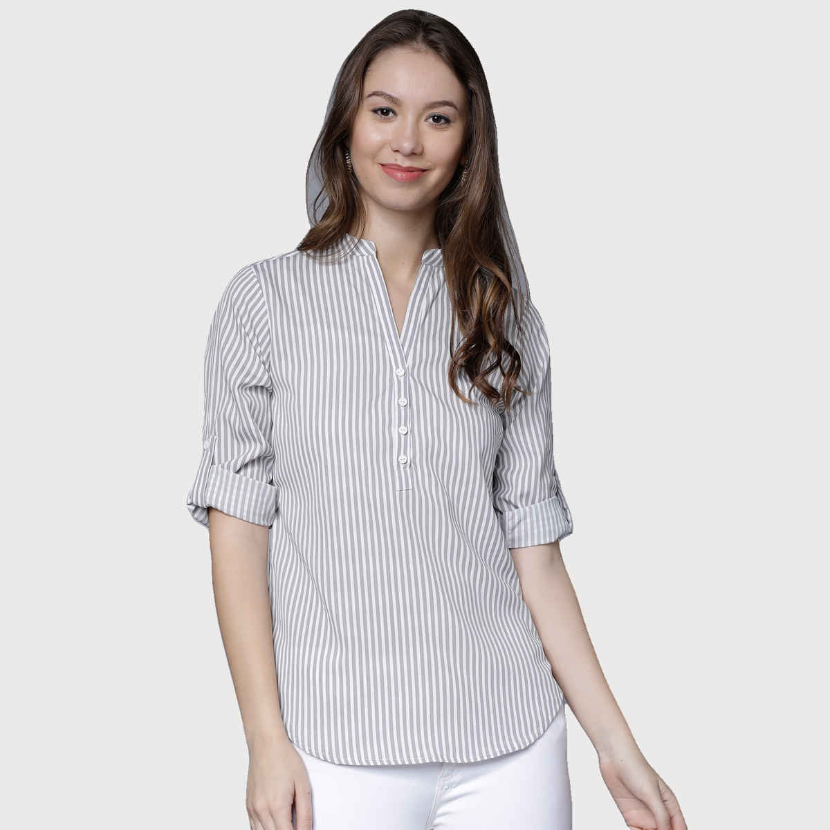 Tokyo Talkies Women's Casual Roll-up Sleeve Striped Top | Multicolor - M