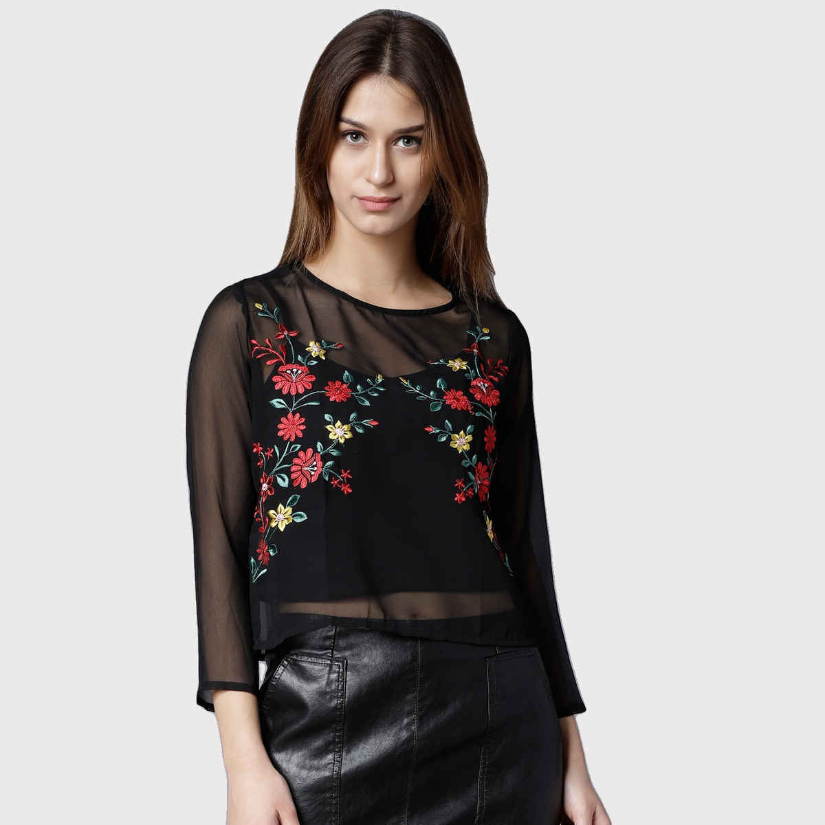 Tokyo Talkies Women's Casual Full Sleeve Embroidered Top | Black - S