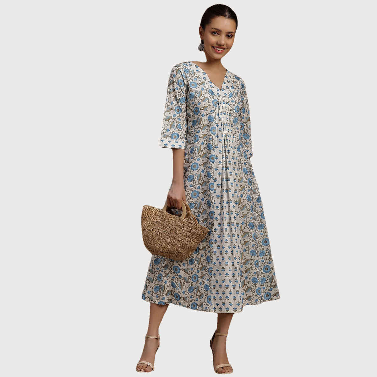 Libas Women's Blue Printed Cotton A-Line Dress | XL