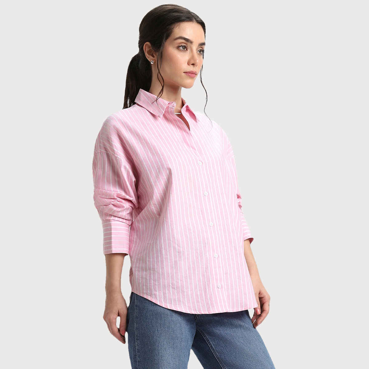 DL Women's Oversized Vertical Stripes Pure Cotton Oxford Casual Shirt | DLWSHW23001 | Pink - XL