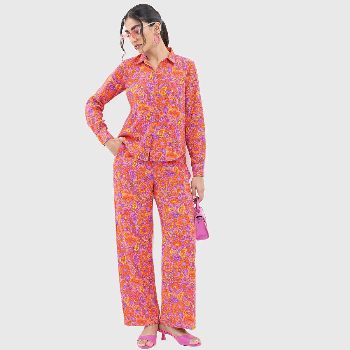 Ketch Women Floral Printed Shirt With Trousers Co-ords | Purple | L