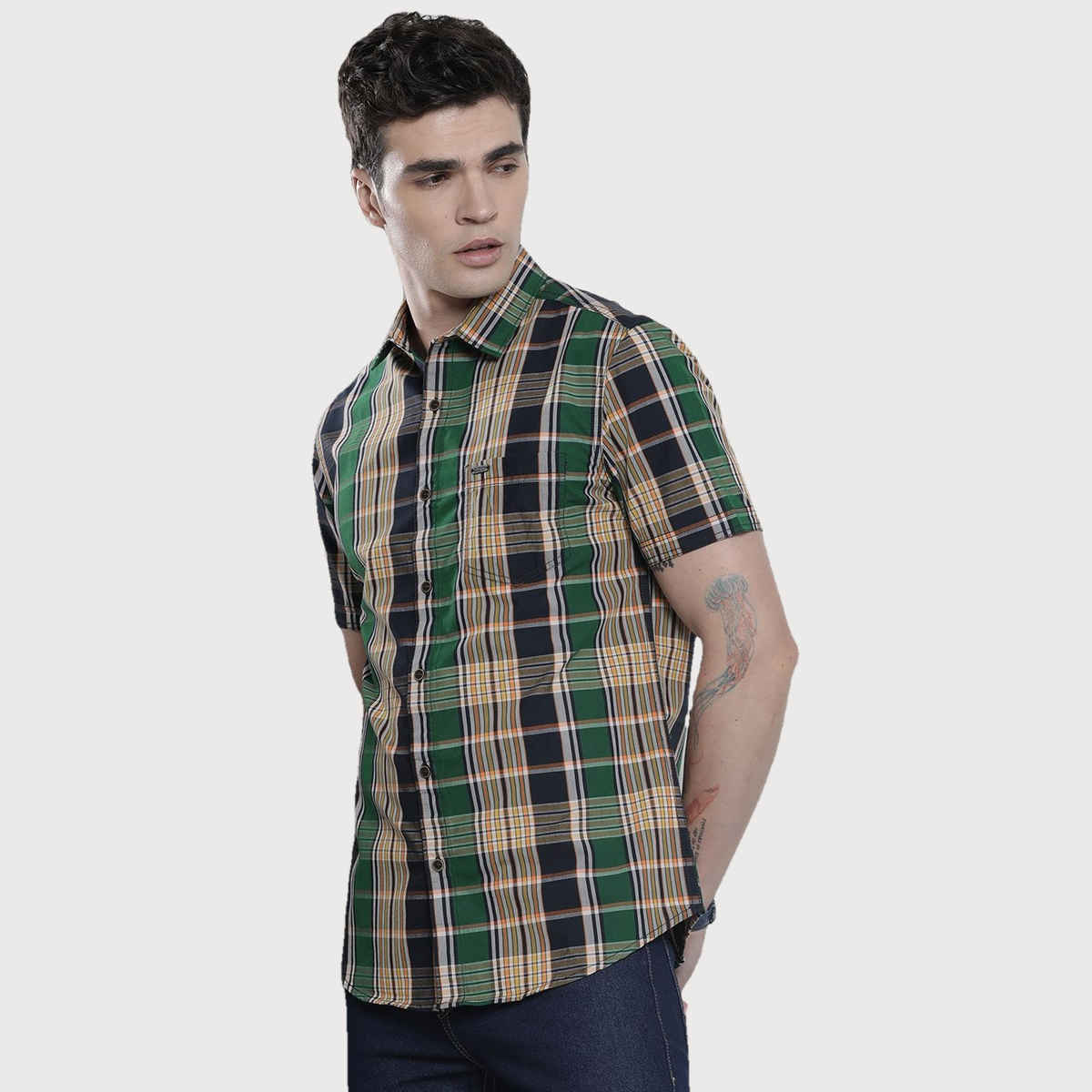 The Indian Garage Co Men's Slim Fit Checkered Casual Half Sleeve Shirt | Navy Blue - M
