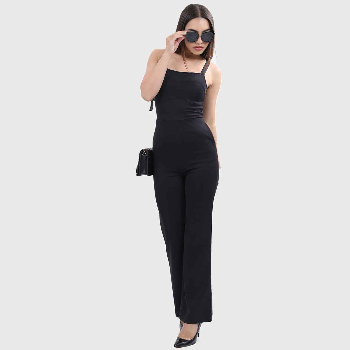 Ketch Women's Shoulder Straps Flared Leg Jumpsuit | Black - M