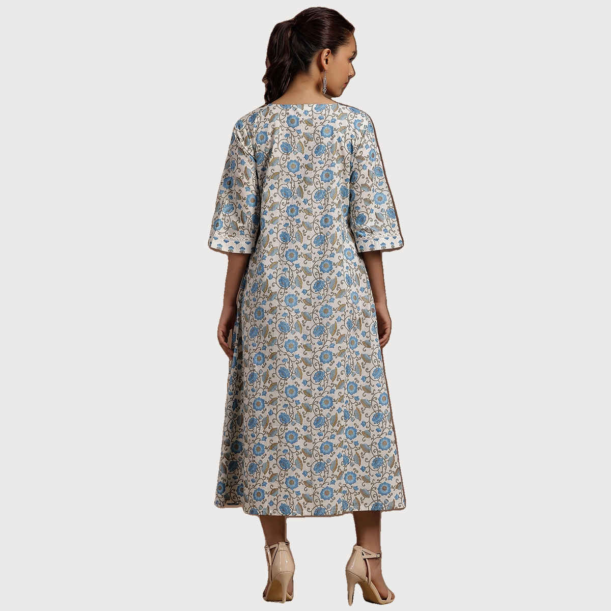 Libas Women's Blue Printed Cotton A-Line Dress | XL