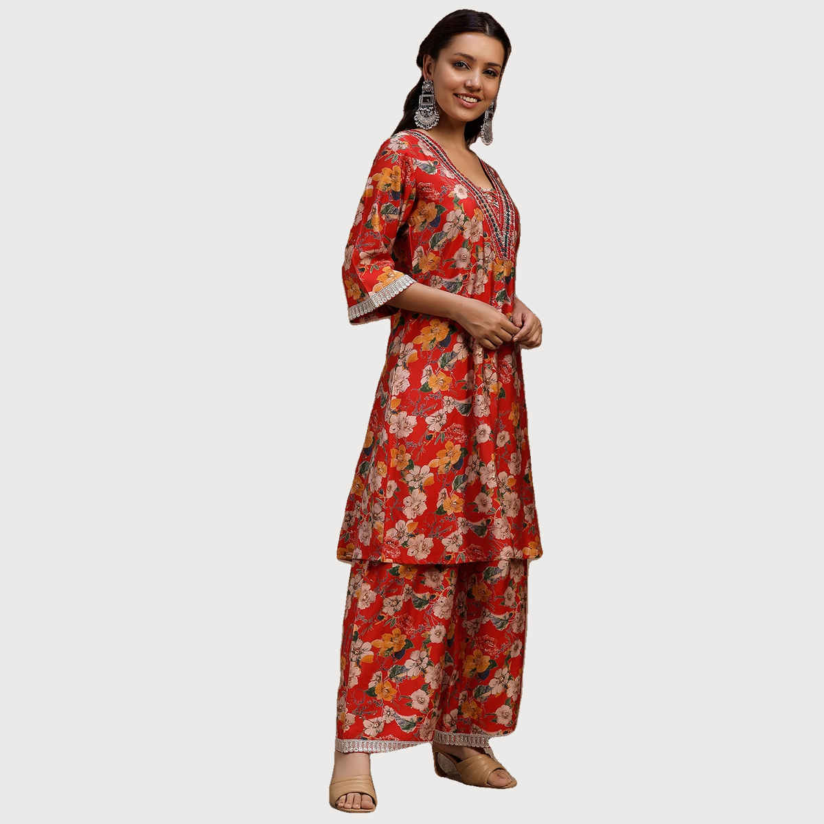 Libas Women's Red Printed Silk Blend Co-Ords | M