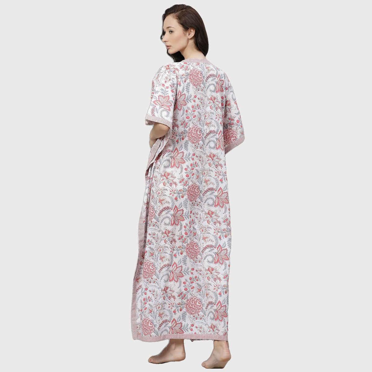 Divena White And Pink Floral Print Women's Kaftan DK0586 | S