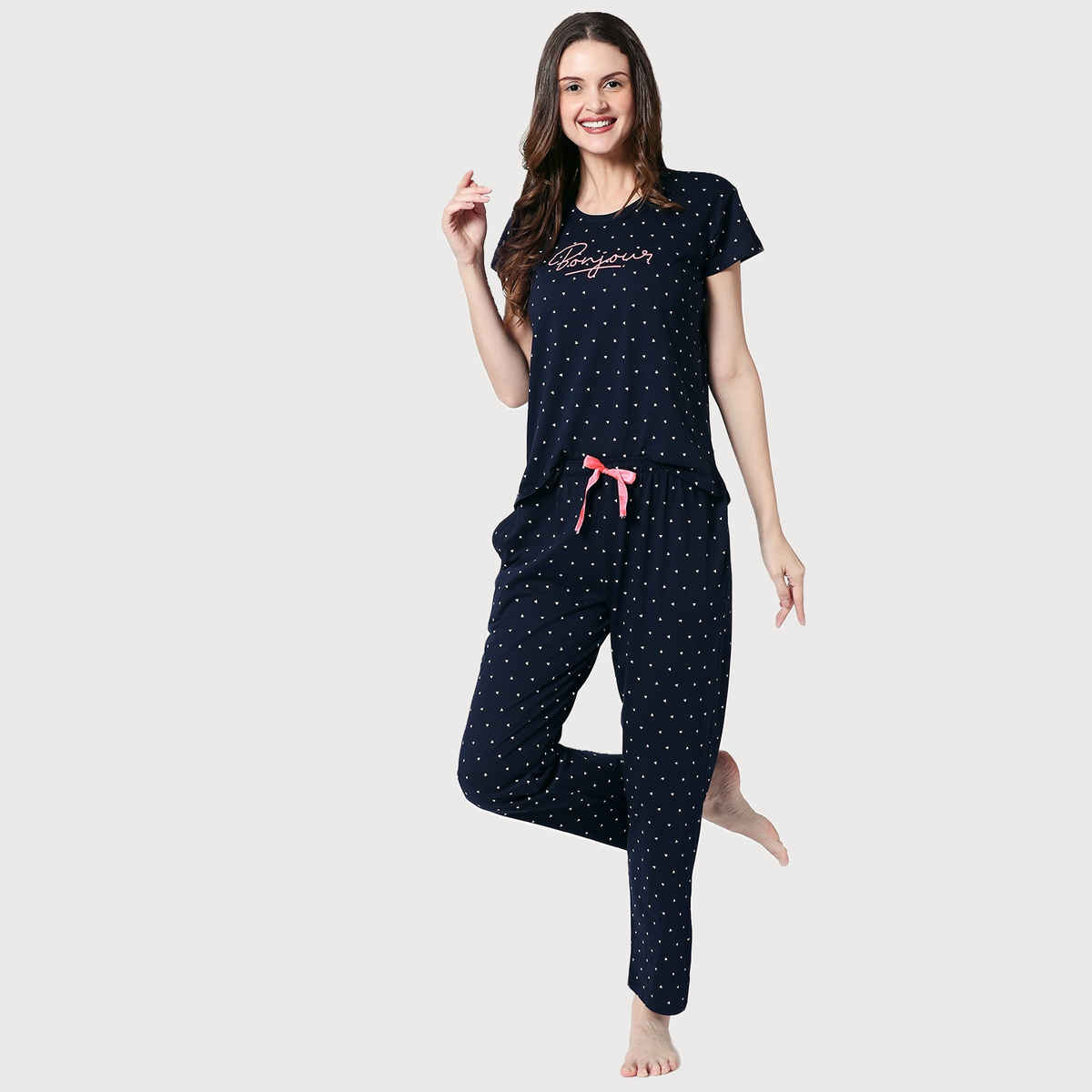 Zeyo Women Cotton 3 Pcs | Top-Pyjama-Shorts Triangle Printed Navy Blue Night Suit 5360-NY- M