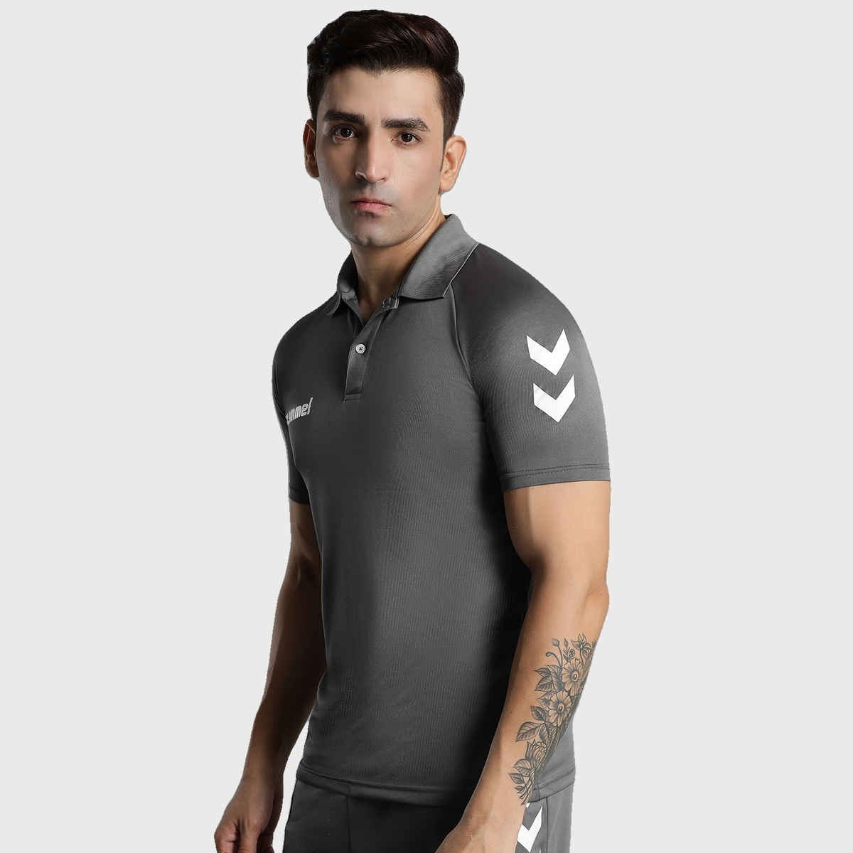 hummel Men's Core functional Polo Neck Solid Regular Fit Gym T-shirt | Grey - S