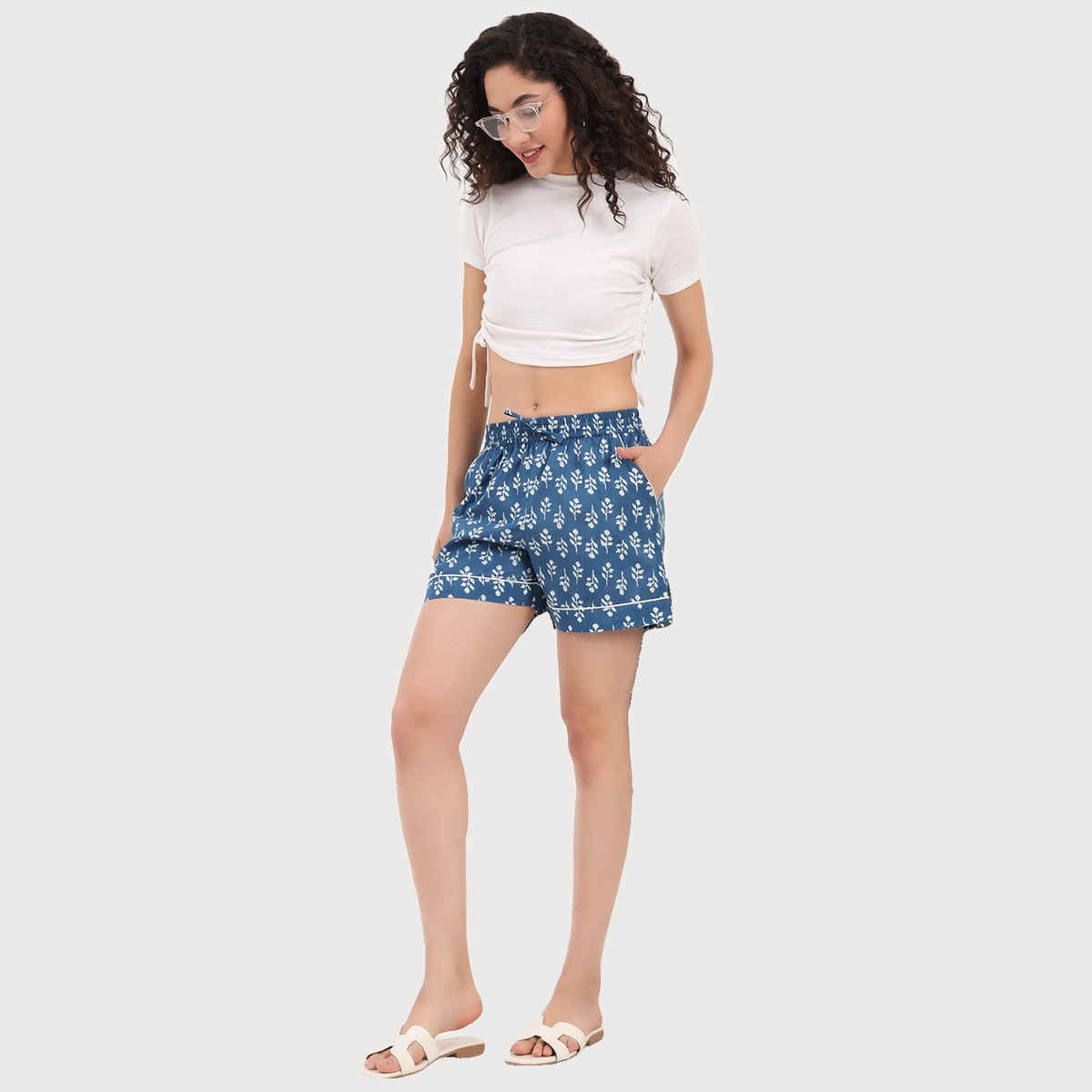 Divena Blue Ethnic Motif Print Cotton Shorts for Women | DK0259 - XL