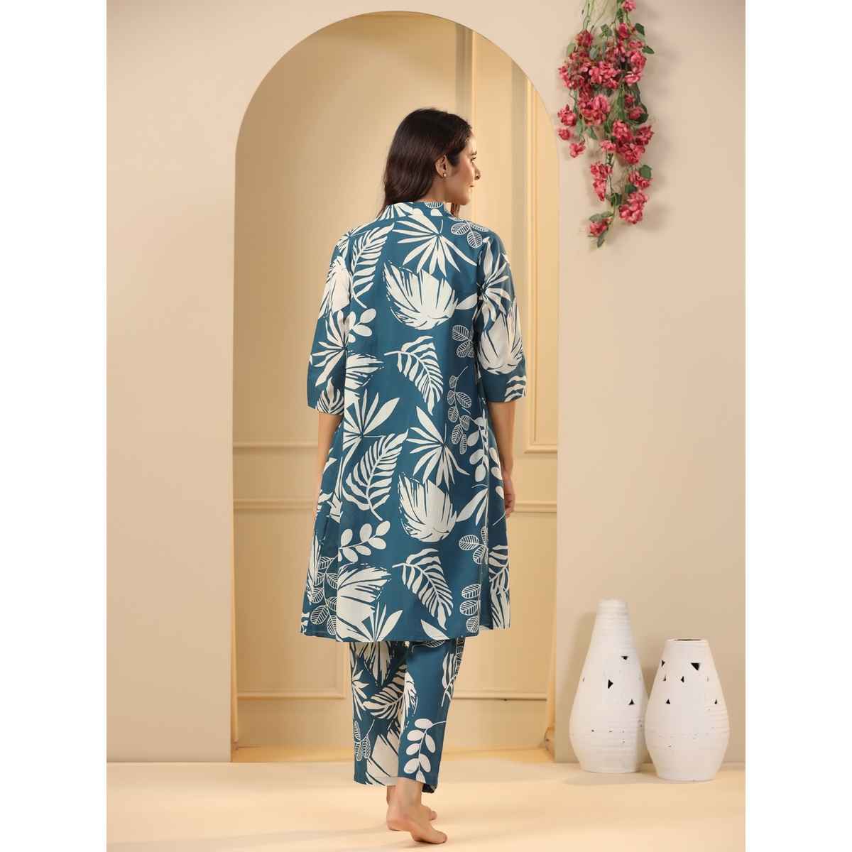 Sanskrutihomes Teal 3 Pieces Floral Printed Pure Cotton Night Suit | Teal - M