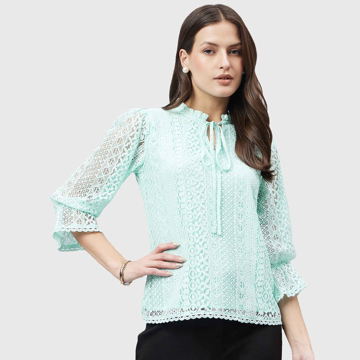 Style Quotient Women Summer Blue Lace Caual Top | S | SS23SQSIKKIM - Light Blue