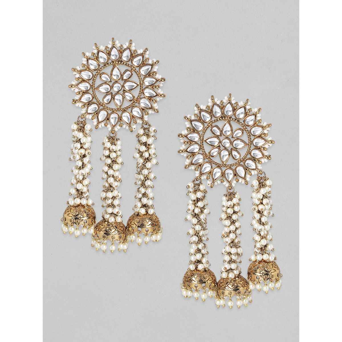 Rubans 22K Gold Plated Handcrafted Kundan Studded Floral Design 3-Layered Jhumkas Earrings