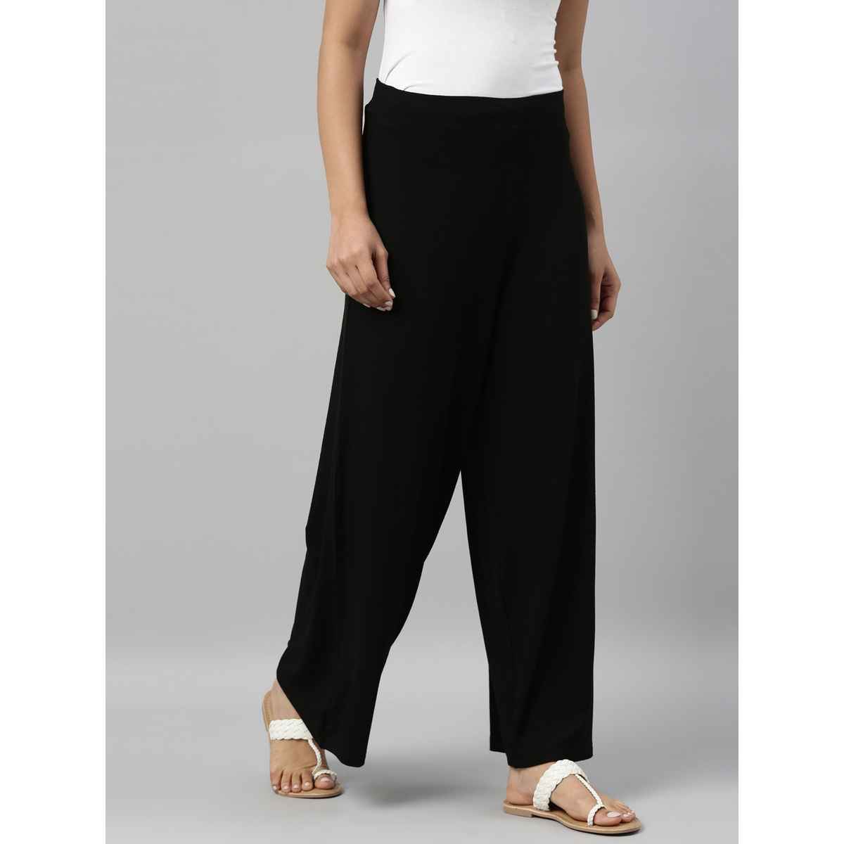 Go Colors Women's Solid Viscose Mid Rise Knit Palazzos | LPZ1 | Black - M