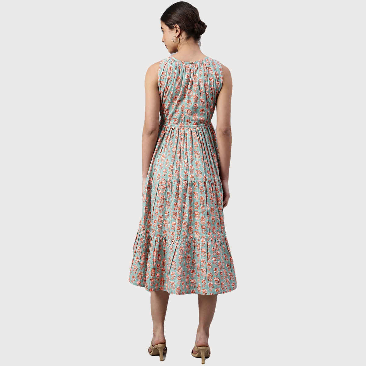 Janasya Women s Mint Green Pure Cotton Floral Block Print Tiered Western Dress - JNE3961-DR - M