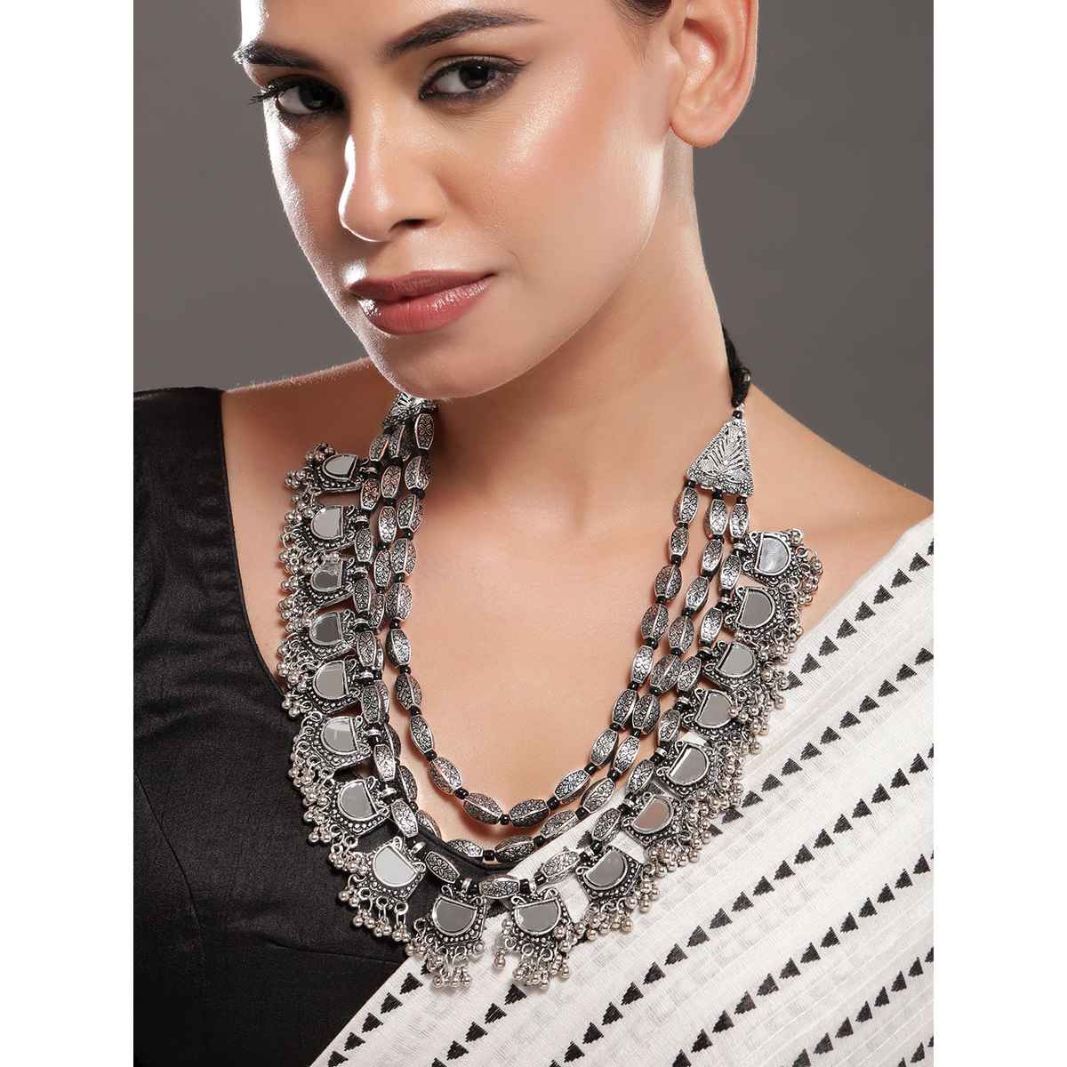 Rubans Silver-Plated Multilayer Mirror Necklace with Intricate Beaded Detailing
