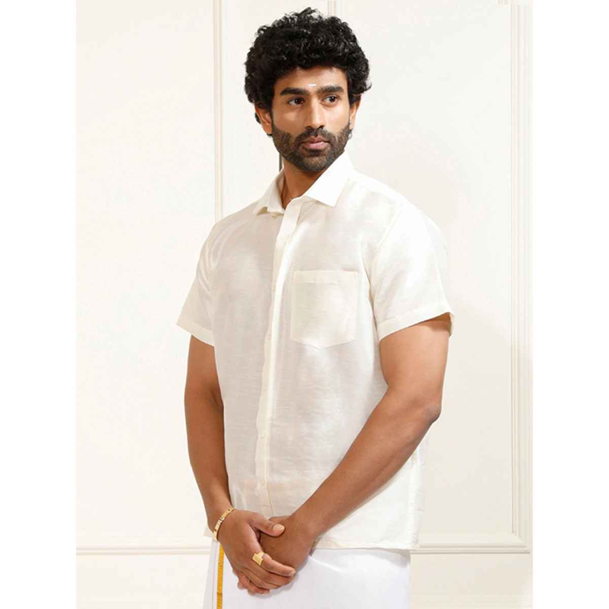 Vastramay Mens Silk Blend Casual Shirt | Cream Short Sleeve Elegant Fit with Patch Pocket - M