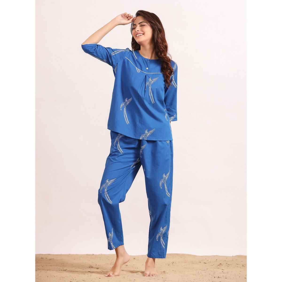 Sanskrutihomes Women Round Neck Printed Pure Cotton Blue Night Suit SE-NSP-501 | M