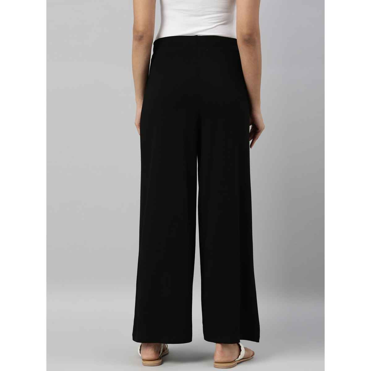 Go Colors Women's Solid Viscose Mid Rise Knit Palazzos | LPZ1 | Black - M