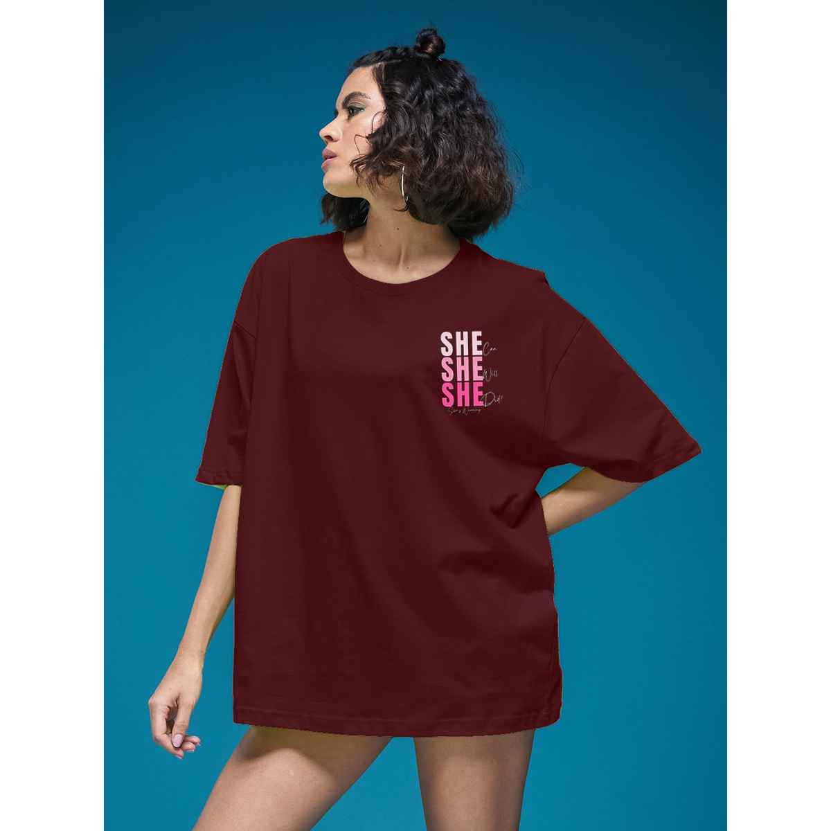 Smartees Women's Oversize Printed T-shirt | WW - 2045 | Maroon - M