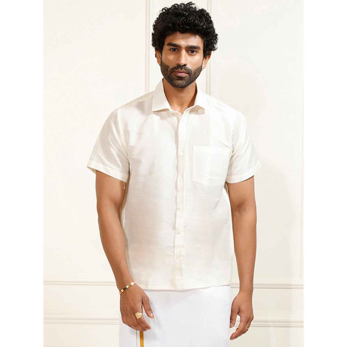 Vastramay Mens Silk Blend Casual Shirt | Cream Short Sleeve Elegant Fit with Patch Pocket - M