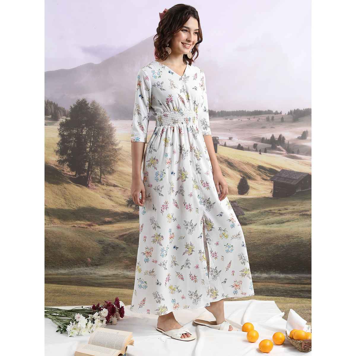 Ketch Women's Floral Printed V-Neck Smocked A-Line Maxi Dress | White - M