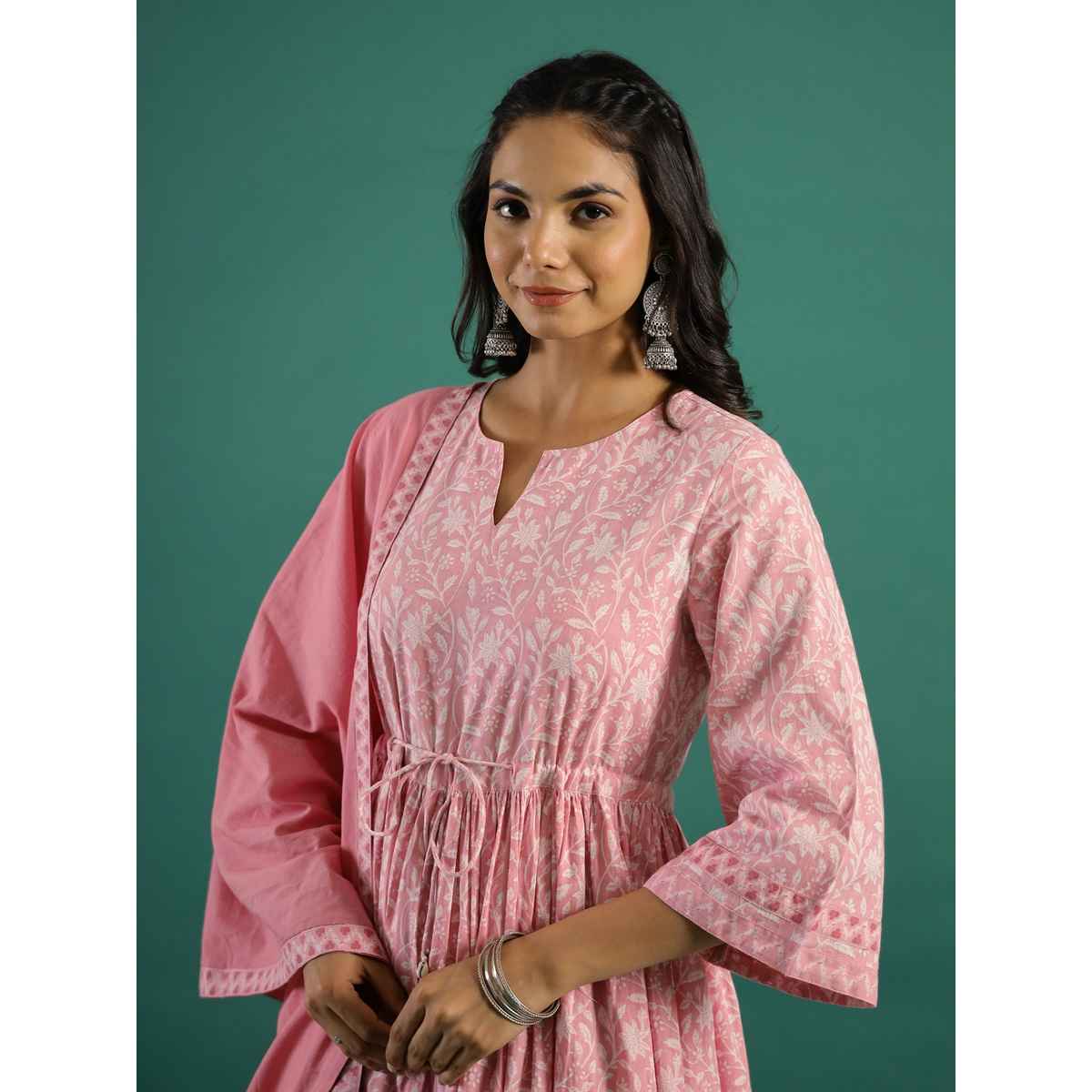 Rangdeep Floral Printed Regular Pure Cotton Anarkali Kurta | Sharara & Dupatta | Women | Pink | L