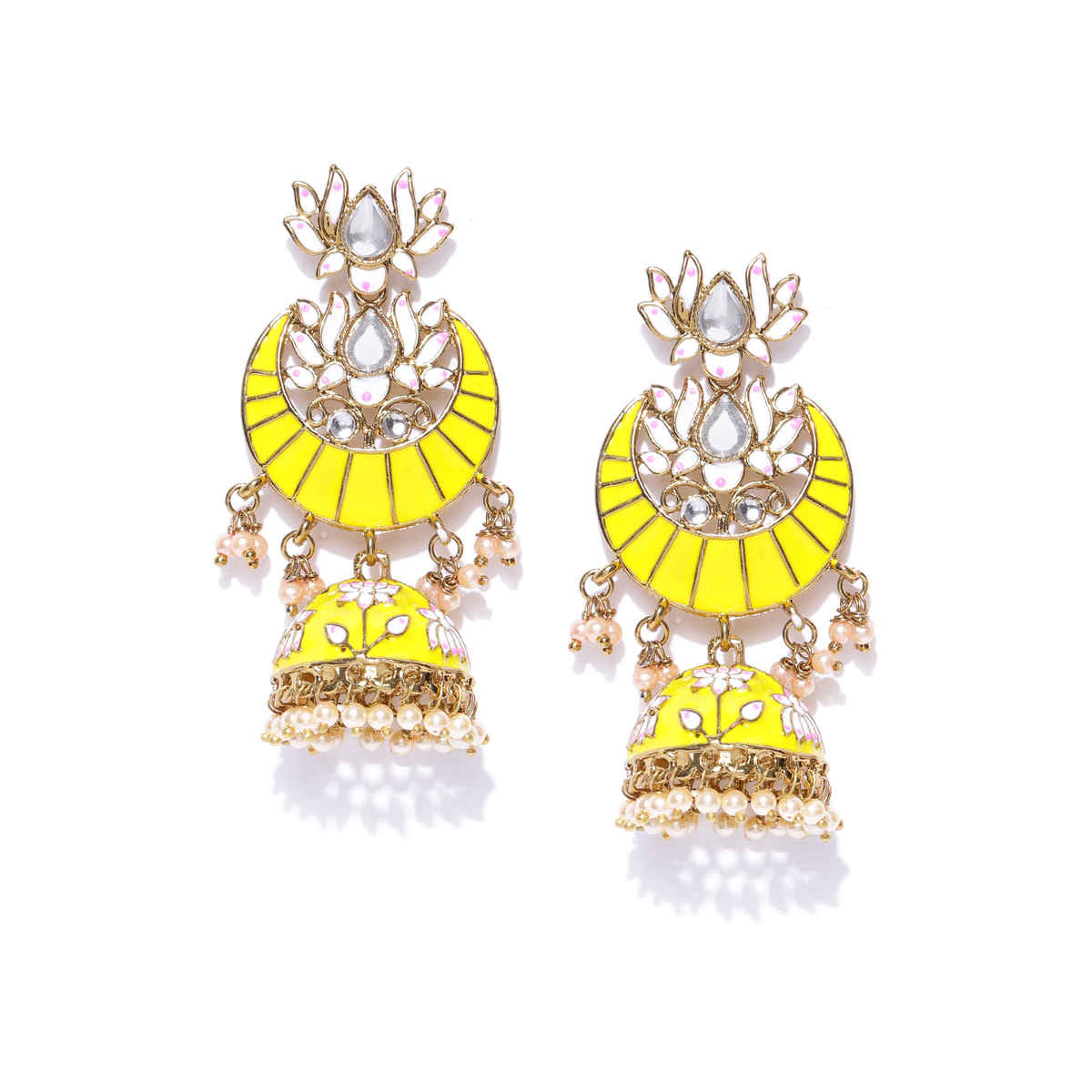 Priyaasi Gold-Plated Stones Studded | Floral Patterned Meenakari Jhumka Earrings in Yellow Color