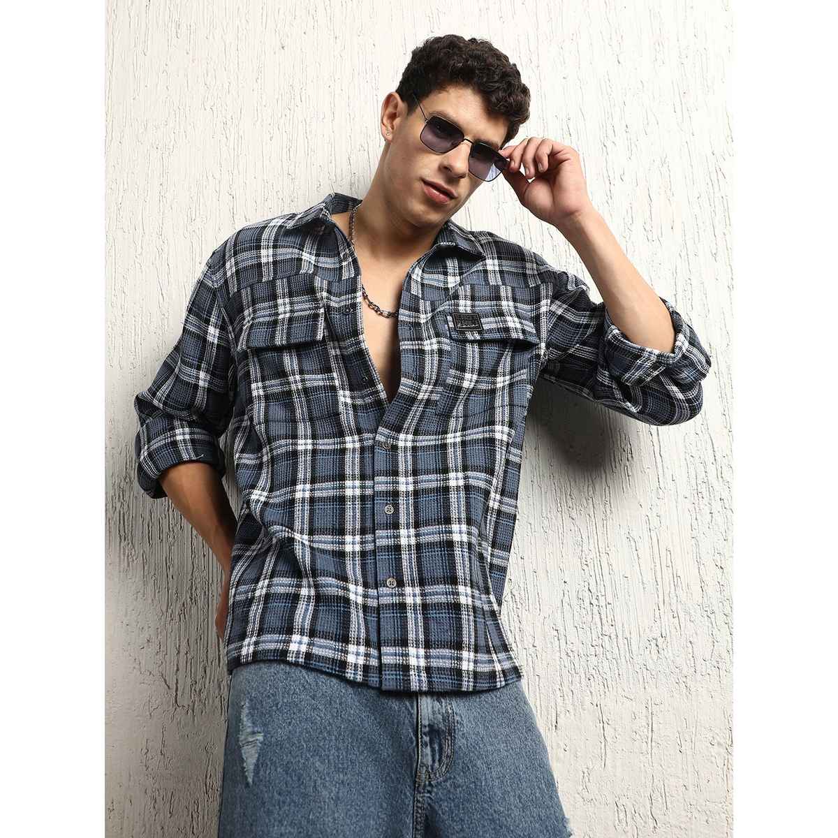 Hubberholme Men's Checked Double Pocket Cotton Oversized Casual Shirt | Multicolor - 42