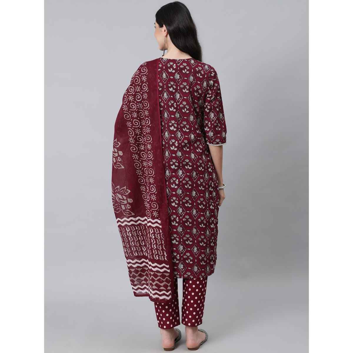 Anubhutee Women's Ethnic Motifs Thread Work Pure Cotton Kurta with Trousers & Dupatta | Maroon - M
