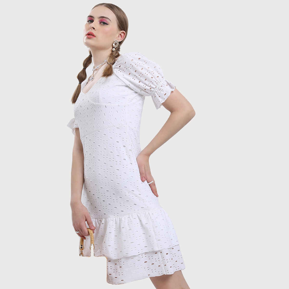 Ketch Women's Puff Sleeves Flounce Hem Schiffli Sheath Dress | White - M