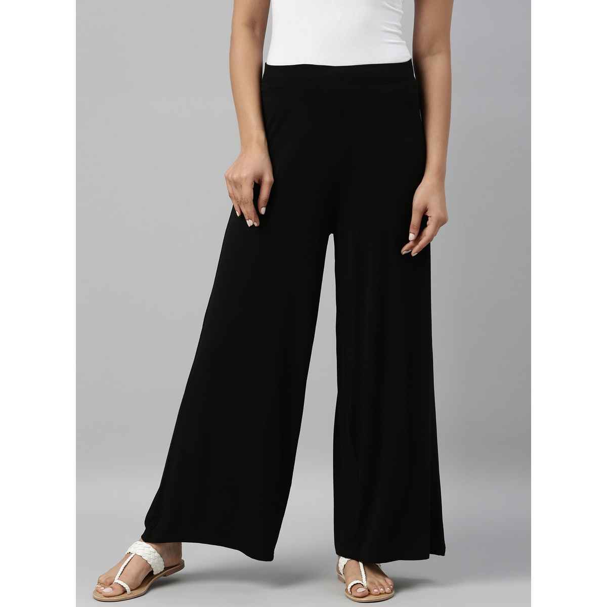 Go Colors Women's Solid Viscose Mid Rise Knit Palazzos | LPZ1 | Black - M