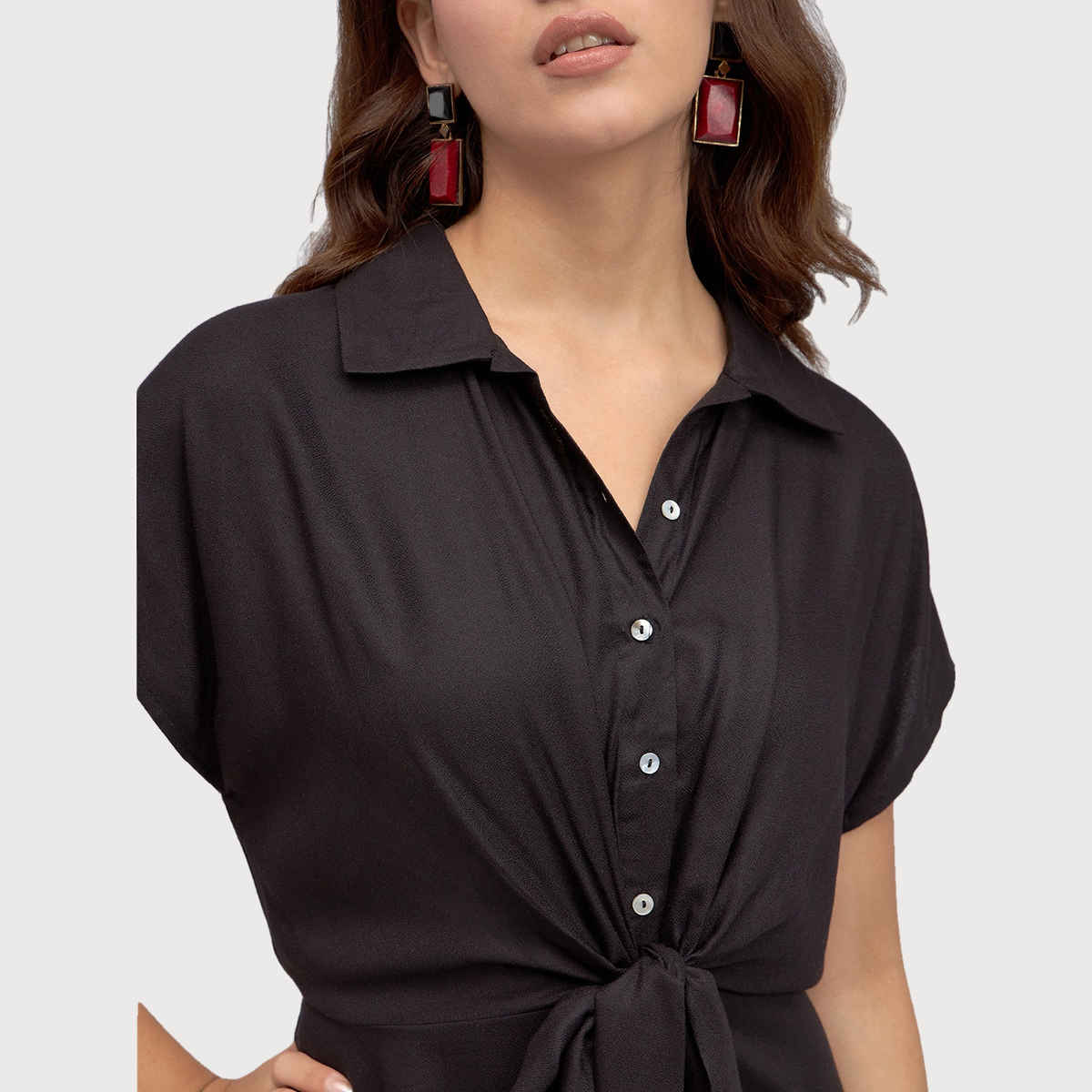 DL Women's Shirt Collar Short Sleeves Belted Midi Shirt Dress | DLWDRW23006 | Black - L