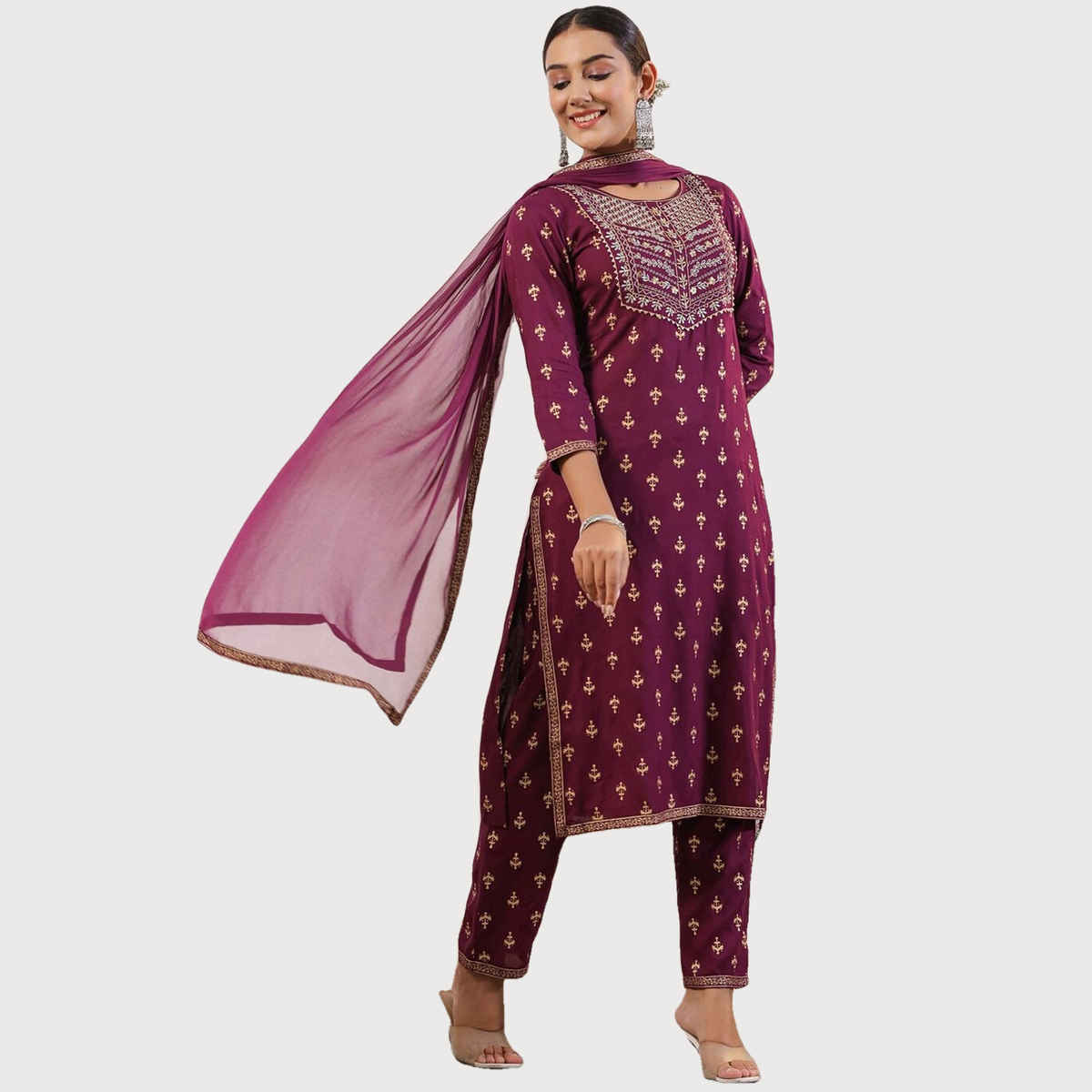 Anubhutee Women's Ethnic Straight Viscose Rayon Kurta Set with Dupatta | Purple - L