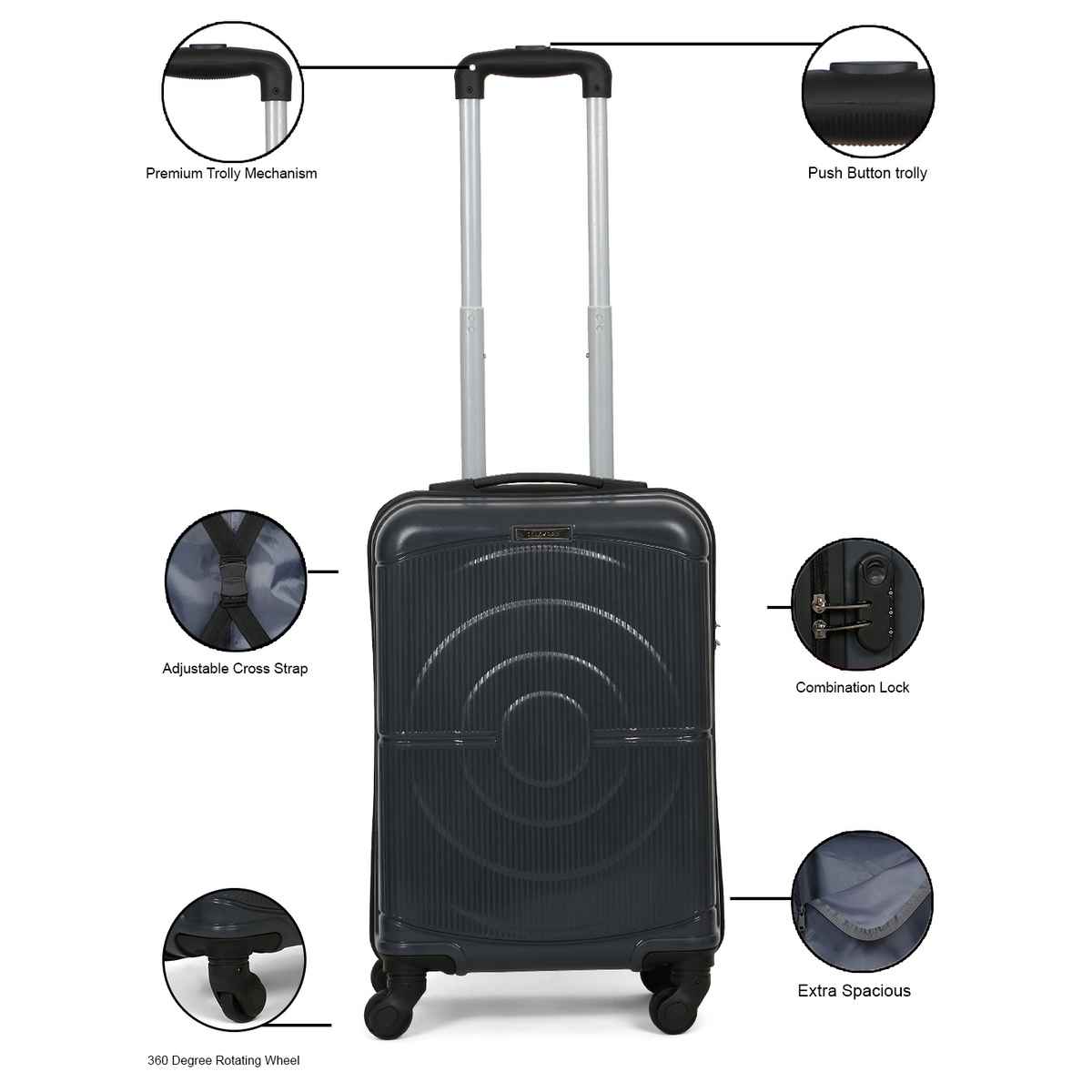 Teakwood Textured PP 40 L Retractable Hard Luggage | Grey - 55 cm