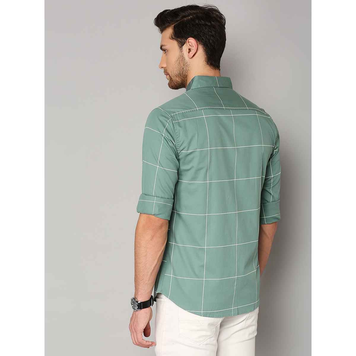 Dennis Lingo Men's Pure Cotton Windowpane Checked Slim Fit Casual Shirt | Green | L