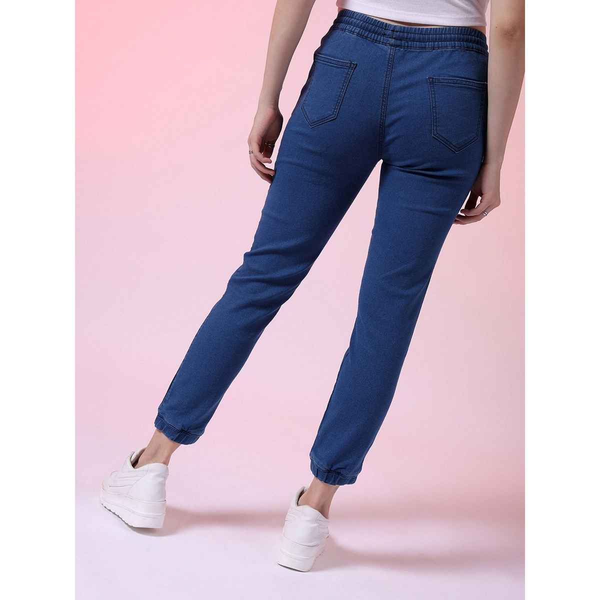 Freehand Women's Mid-Rise Medium Washed Printed Joggers With Elasticated Drawstring | Blue - 28