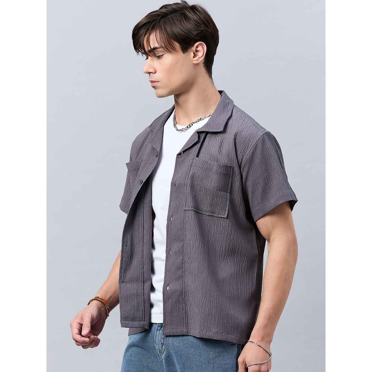 Style Quotient Men Self Design Dropped Shoulder Shirt | XL | SS24SQTIMBER - Grey