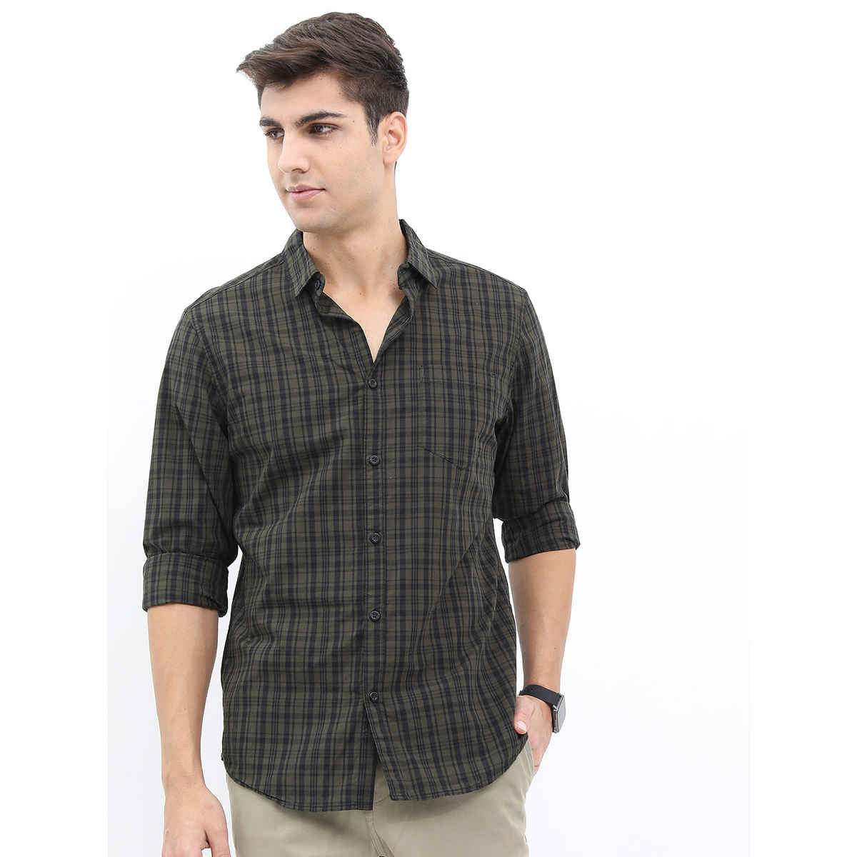 Highlander Men's Slim Fit Checked Casual Shirt - Olive and Black | L