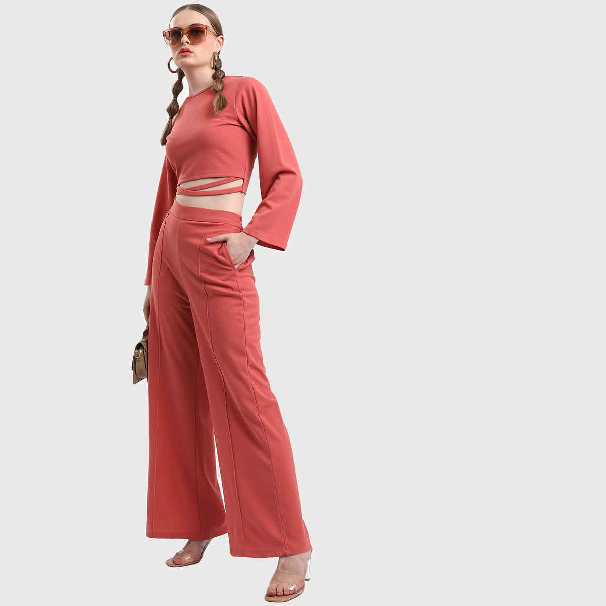 Ketch Women Round Neck Cropped Top Palazzo Co-ords | Pink | S