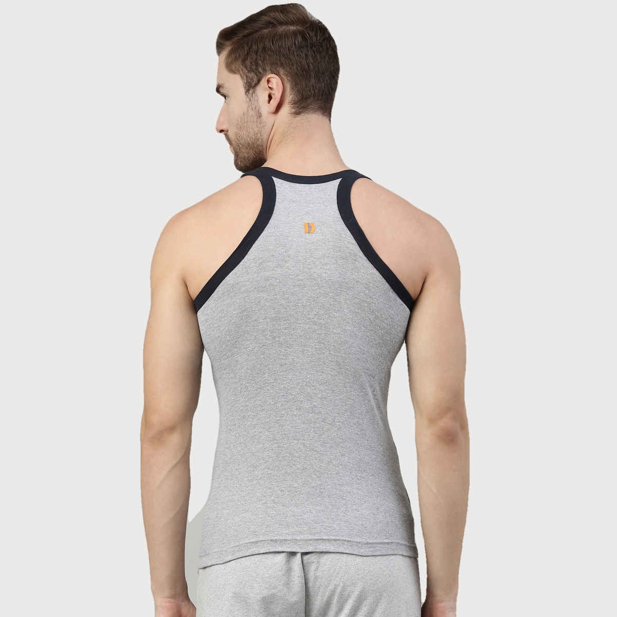 Dixcy Scott Men's 100% Combed Cotton Rib Solid Squared Neck Sleeveless Gym Vest | Grey & Navy - S