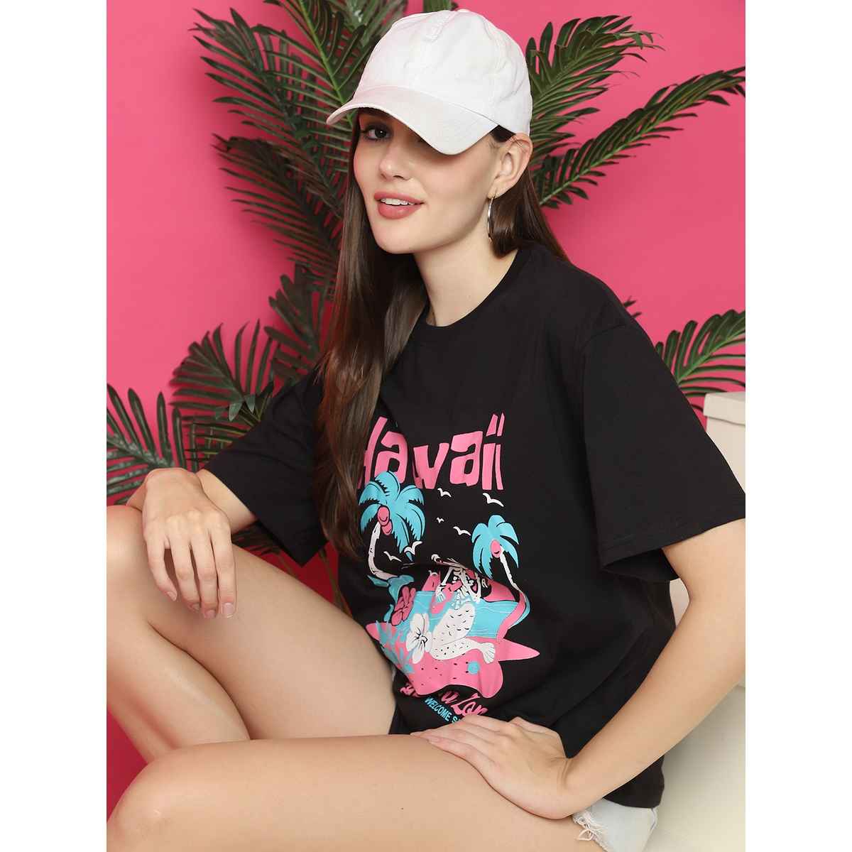 Fabflee Women Oversize Cotton Printed Round Neck Tshirt | Black | FAB-OS-531 | S