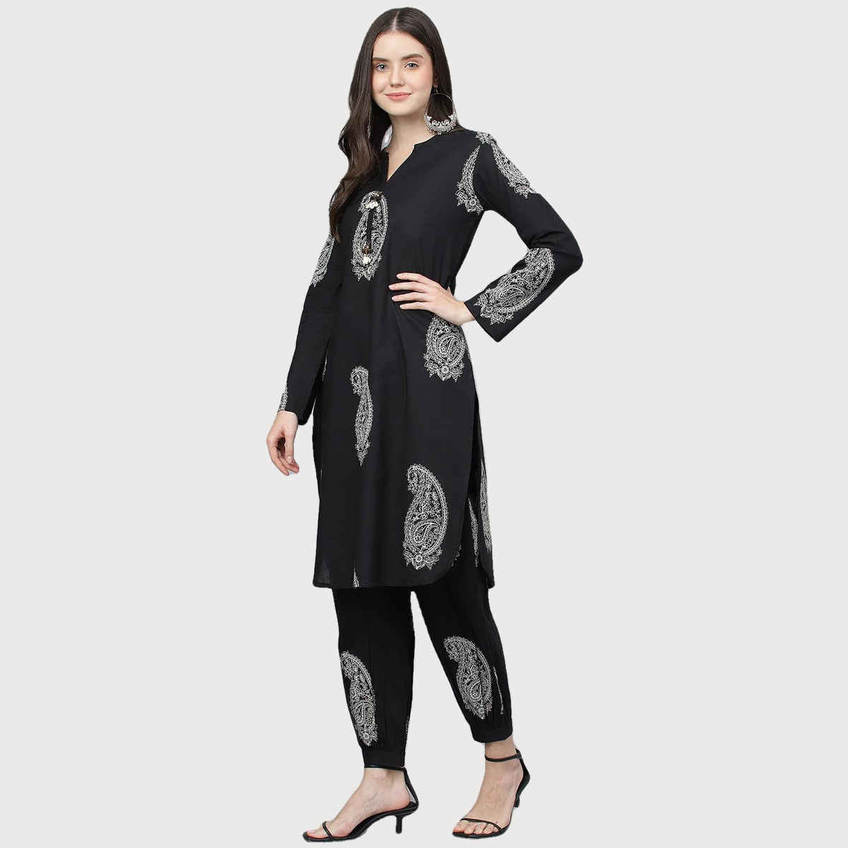 Divena Women's Cotton Straight Kurta with Curve Hem Pant Set | DK0800 | Black - S