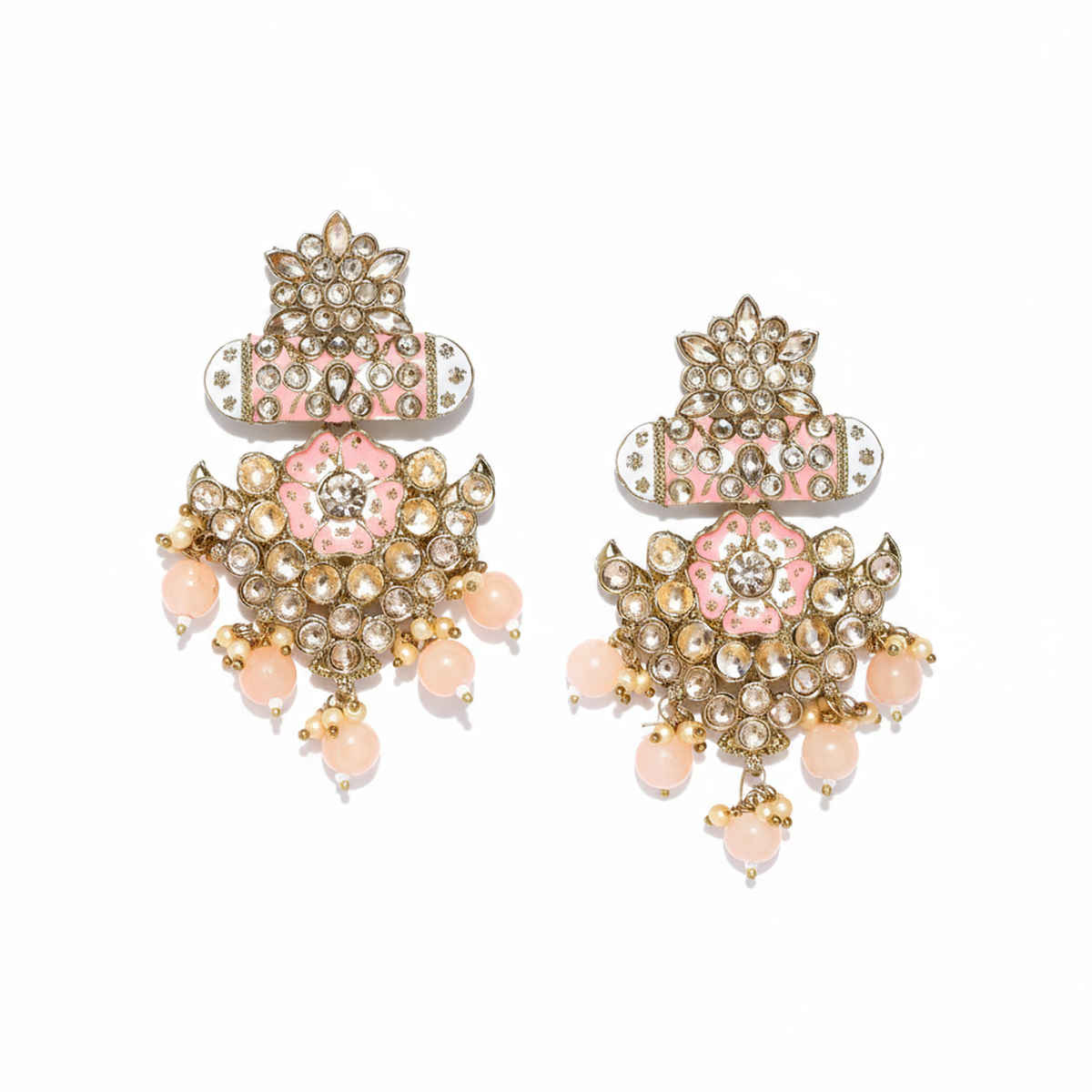 Priyaasi Gold-Plated Stone Studded Meenakari Earrings with Beads Drop in Peach Color