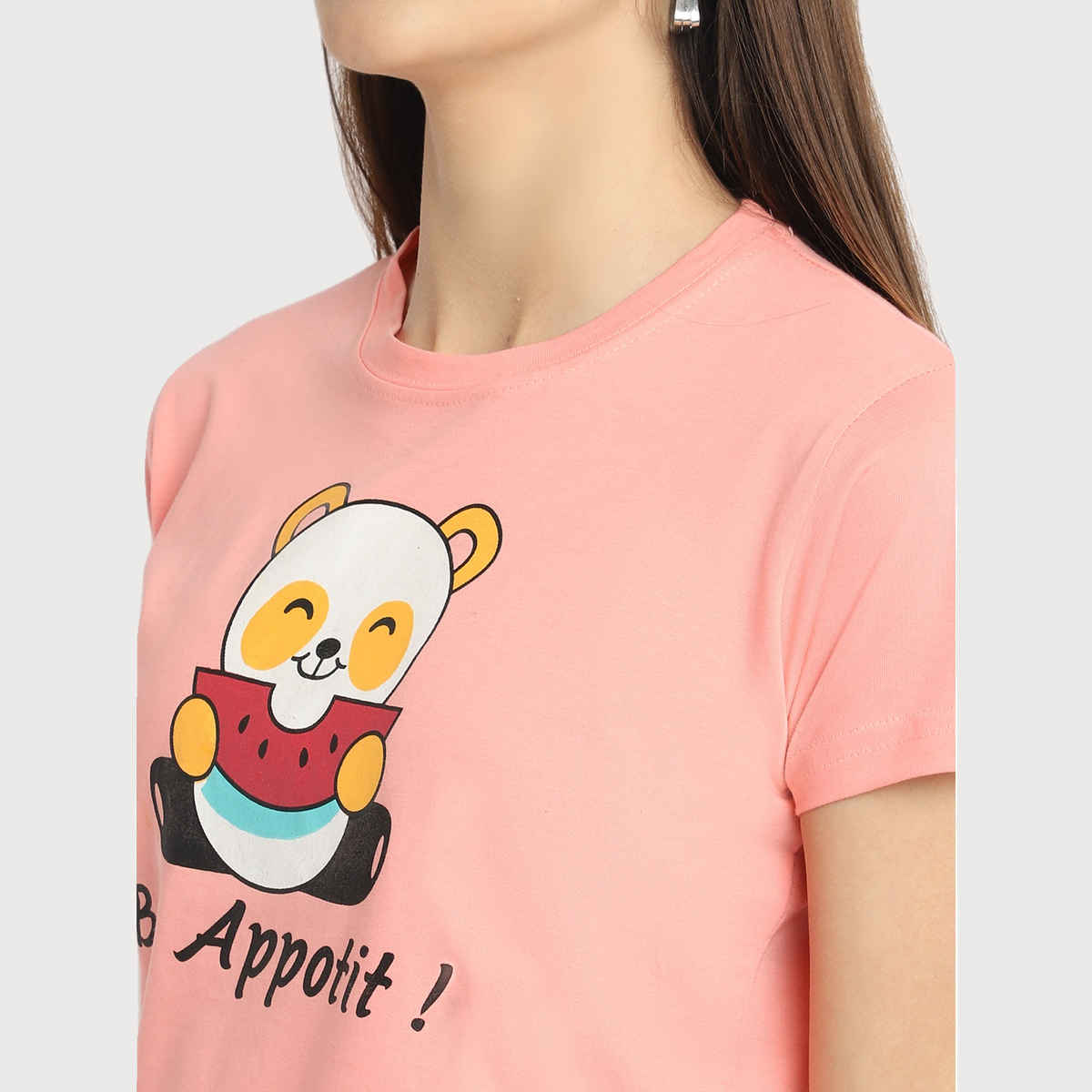 Fabflee Women Regular Cotton Printed Round Neck Tshirt | Peach | FAB-WT-36 | S