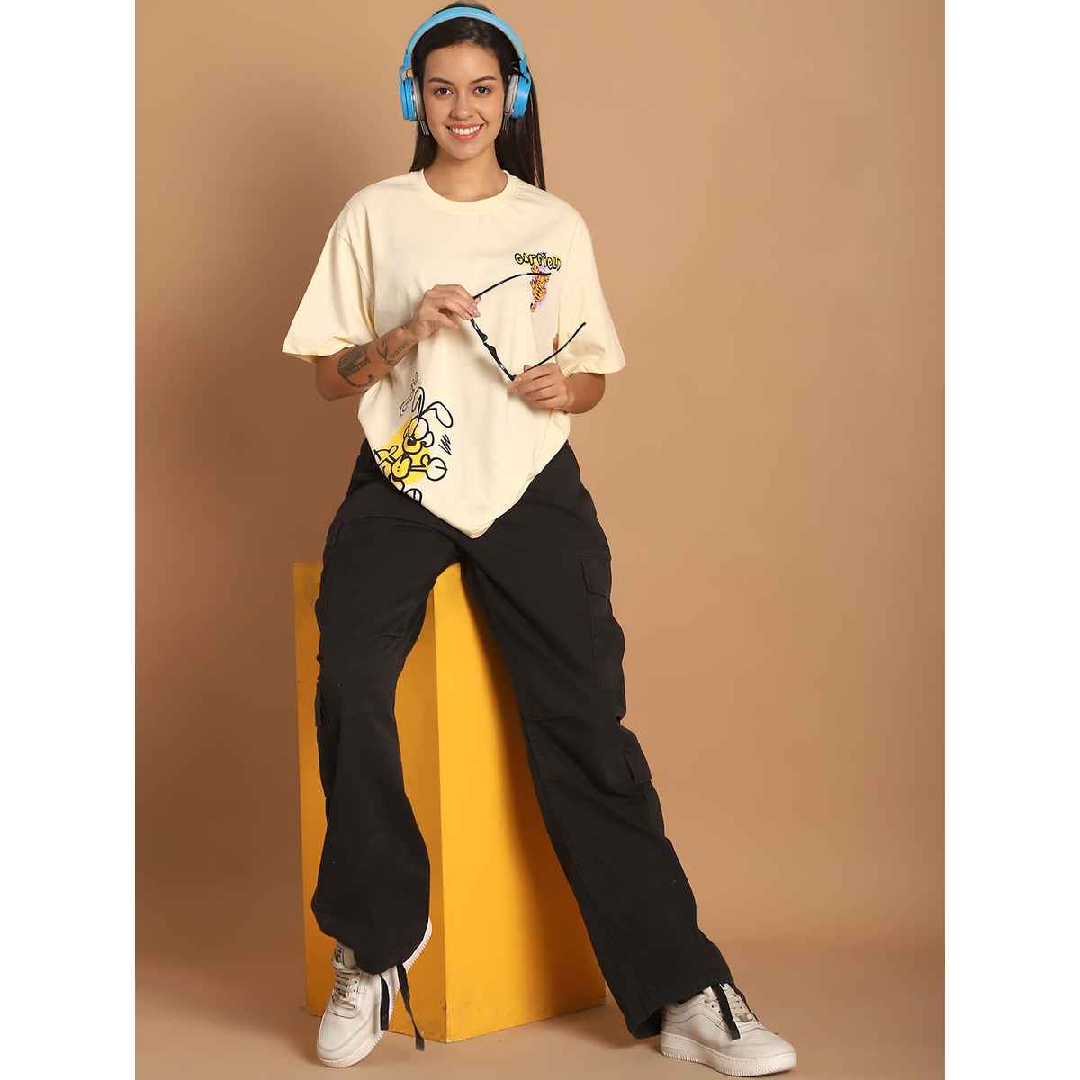 Fabflee Women Oversize Cotton Printed Round Neck Tshirt | Beige | FAB-OS-515 | M