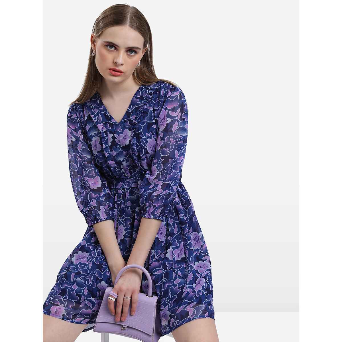 Ketch Women's Floral Printed Puff Sleeves Ruffle Fit & Flare Dress | Blue - M