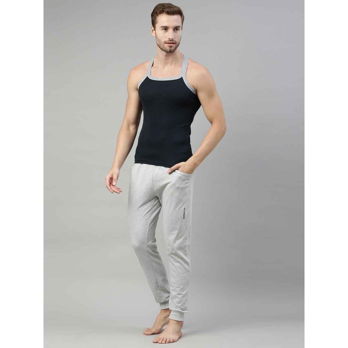 Dixcy Scott Men's 100% Combed Cotton Rib Solid Squared Neck Sleeveless Gym Vest | Grey & Navy - XL