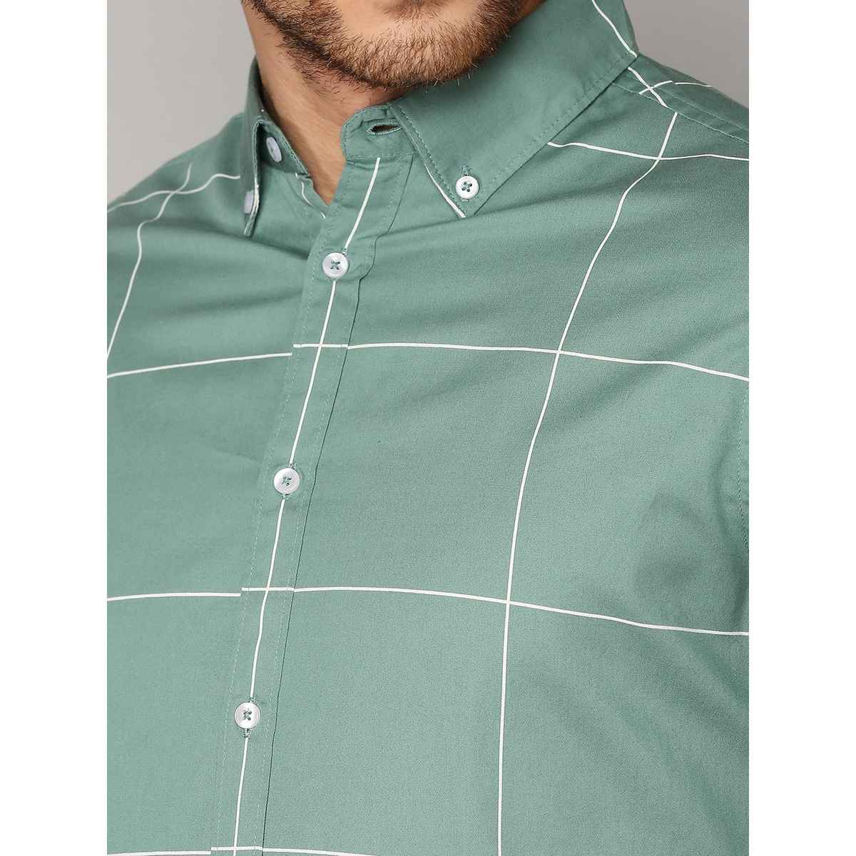 Dennis Lingo Men's Pure Cotton Windowpane Checked Slim Fit Casual Shirt | Green | L