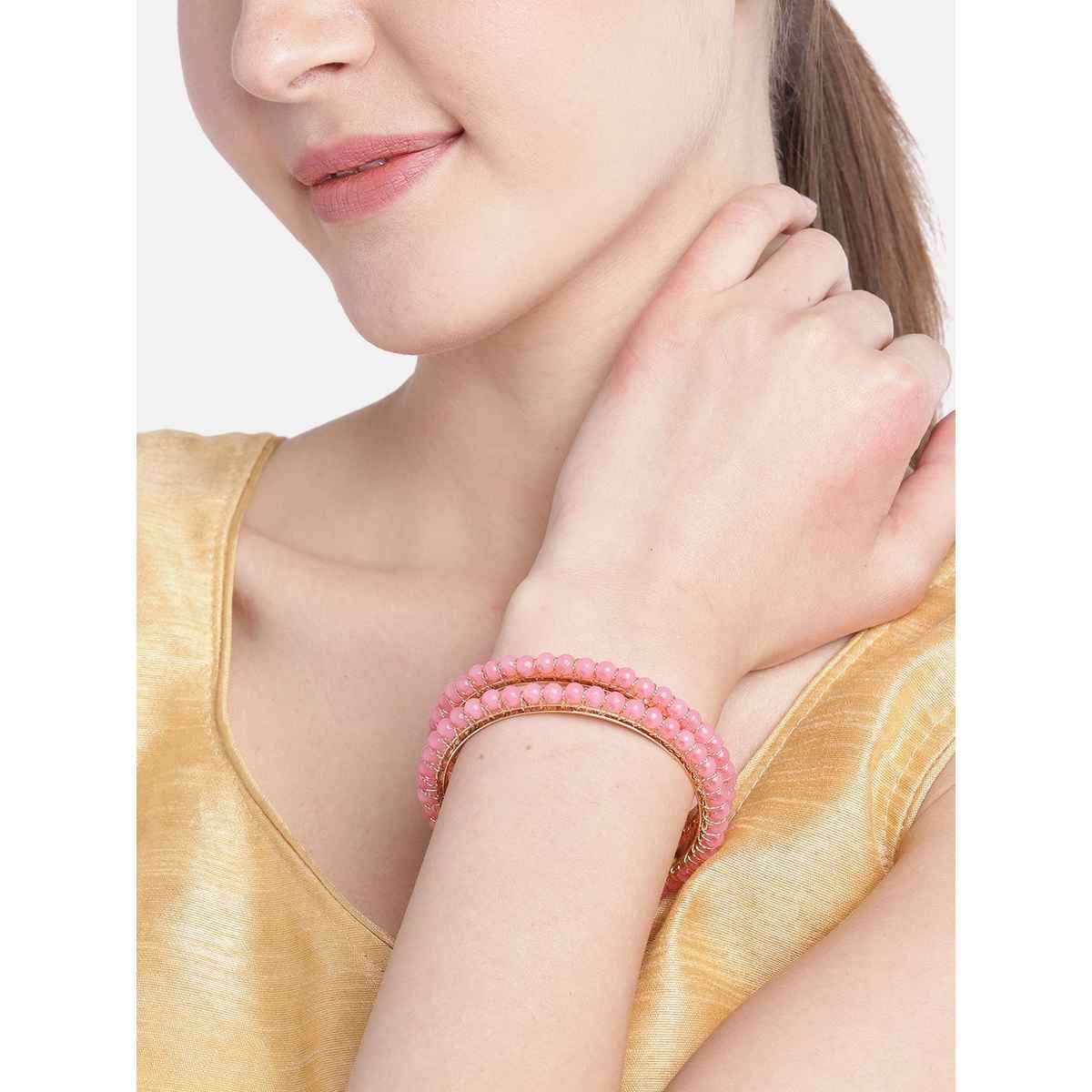Priyaasi Set Of 4 Gold-Plated Pink Beaded Bangles