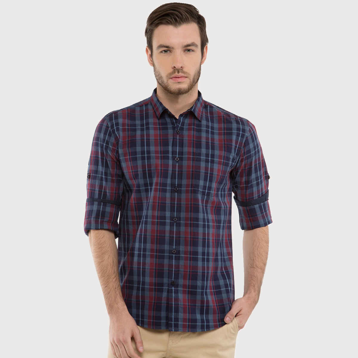 Highlander Men's Slim Fit Checked Casual Shirt - Navy Blue and Lt Blue | M